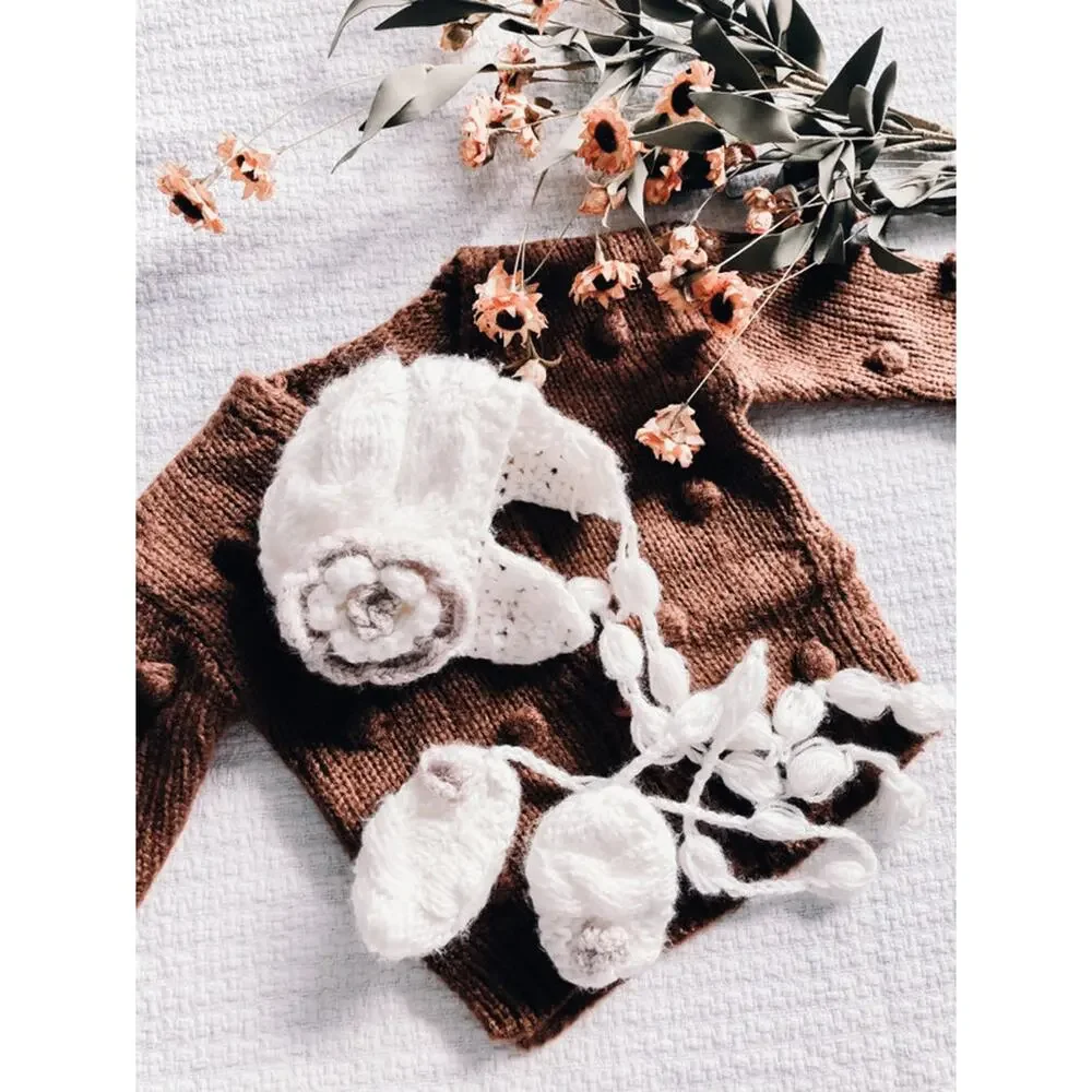 Handmade Crochet Chunky Knit Floral Hat & Mittens
